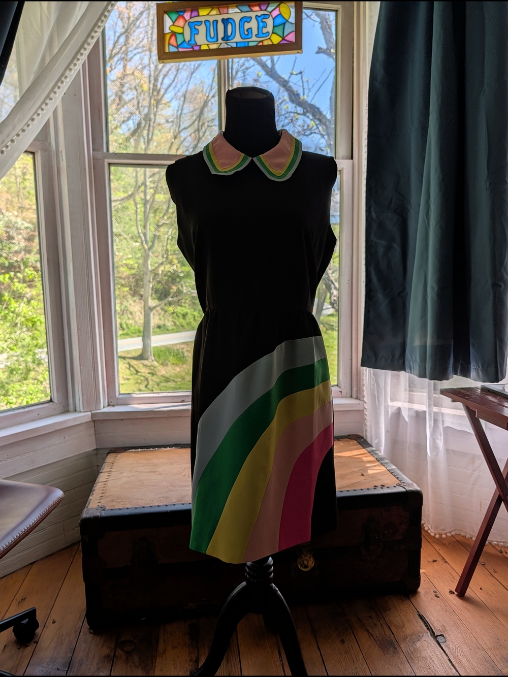 Black Mini Dress with Multicolor Wave Trim - Picture 2 of 3